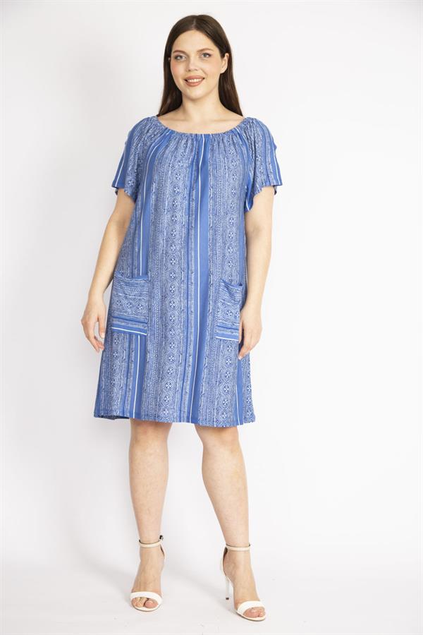 Kadın Mavi Büyük Beden Yakası Lastik Detaylı Ön Cepli Elbise