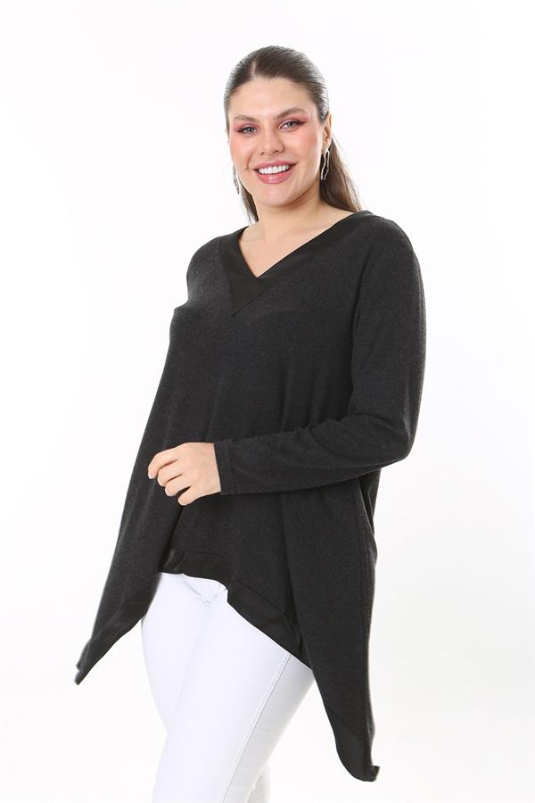 Kadın Büyük Beden Antrasit Yaka Ve Etek Ucu Saten Garnili Uzun Kollu Bluz 65N37686