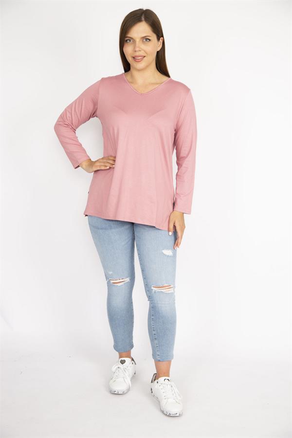 Kadın Somon Büyük Beden V Yakalı Yan Yırtmaçlı Uzun Kollu Bluz