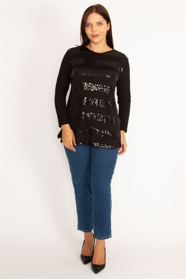 Kadın Siyah Önü Payet Detaylı Uzun Kollu Bluz 65N34724
