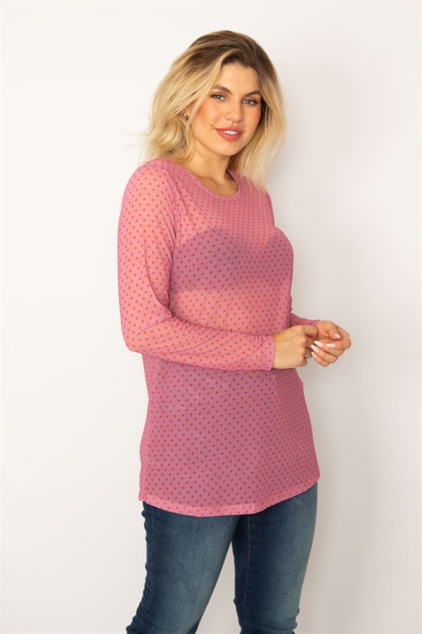 Kadın Pembe Desenli Tül Bluz 65N34253