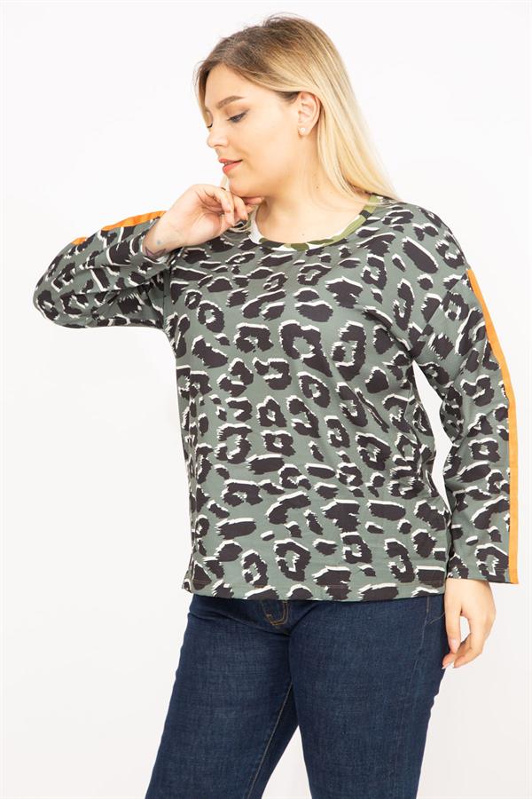 Kadın Haki Büyük Beden Kamuflaj Desenli Bluz 65N35741