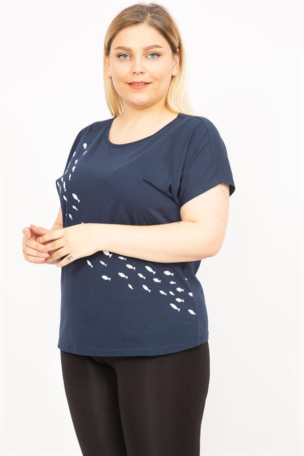 Kadın Lacivert Büyük Beden Pamuklu Kumaş Ön Desenli Bluz 65N35767