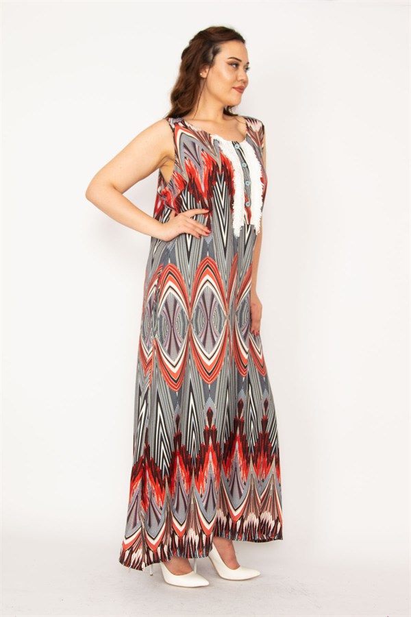 Kadın Gri Ön Pat Düğme Ve Dantel Detaylı Javanez Viskon Elbise 65N33208