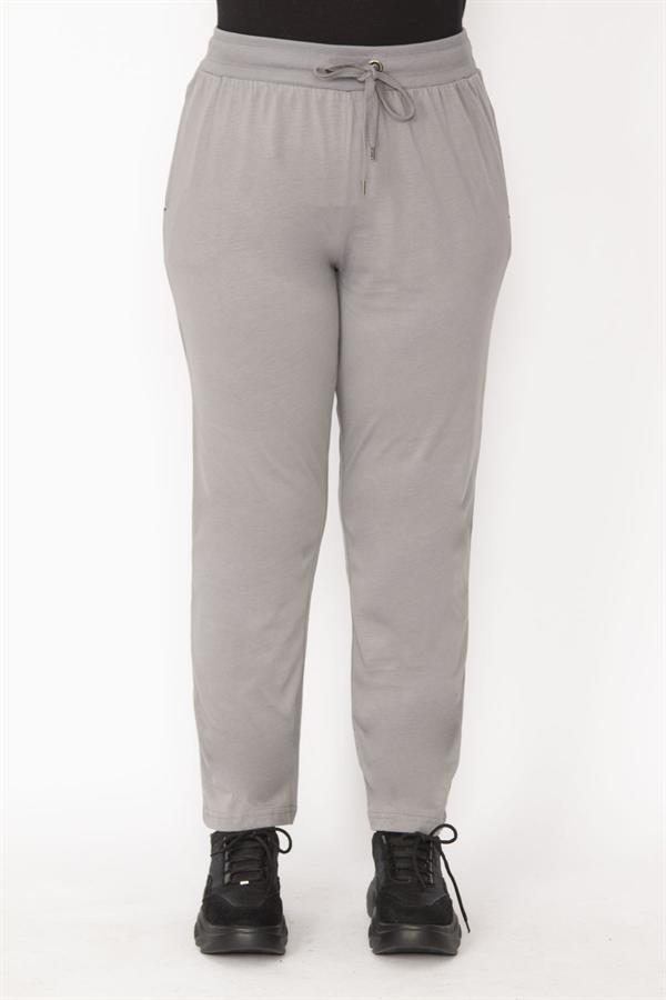 Kadın Gri Beli Lastik Ve Kuşgözü Kaytan Detaylı Cepli Spor Pantolon 65N29152