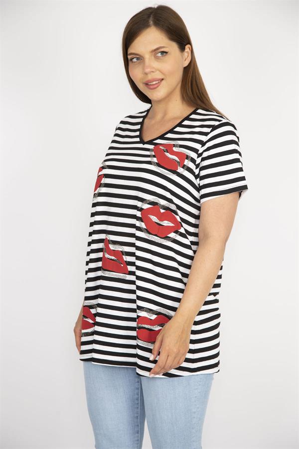 Kadın Siyah Büyük Beden Taş Detaylı V Yakalı Çizgili Bluz