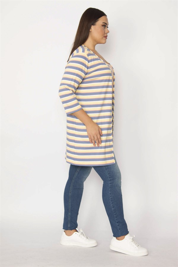 Kadın İndigo Pamuklu Kumaş Çizgili Hırka 65N29655