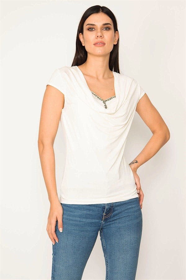 Kadın Kemik Taş Detaylı Düşük Yakalı Bluz