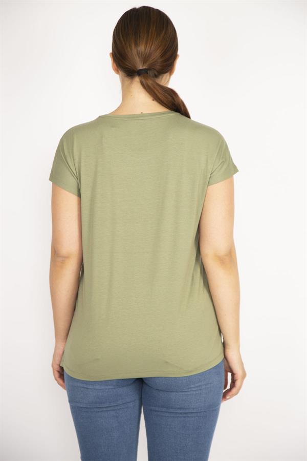 Kadın Haki Büyük Beden Bisiklet Yakalı Ön Baskılı Kısa Kol Bluz