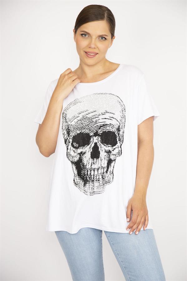 Kadın Büyük Beden Beyaz Taş İşli Bisiklet Yakalı Likralı Bluz