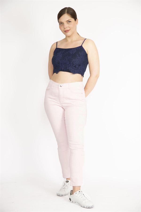 Kadın Pembe Büyük Beden 5 Cepli Likralı Gabardin Kumaş Pantolon