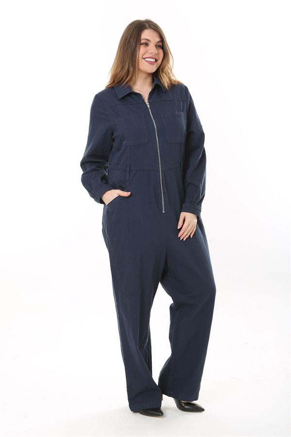 Kadın Büyük Beden Lacivert Ön Fermuarlı 4 Cepli Arka Bel Kemeri Lastikli Kot Tulum 65N37573