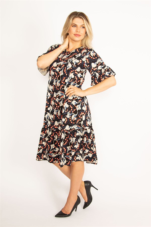 Kadın Renkli Volan Kollu Etek Ucu Katlı Elbise 65N34446