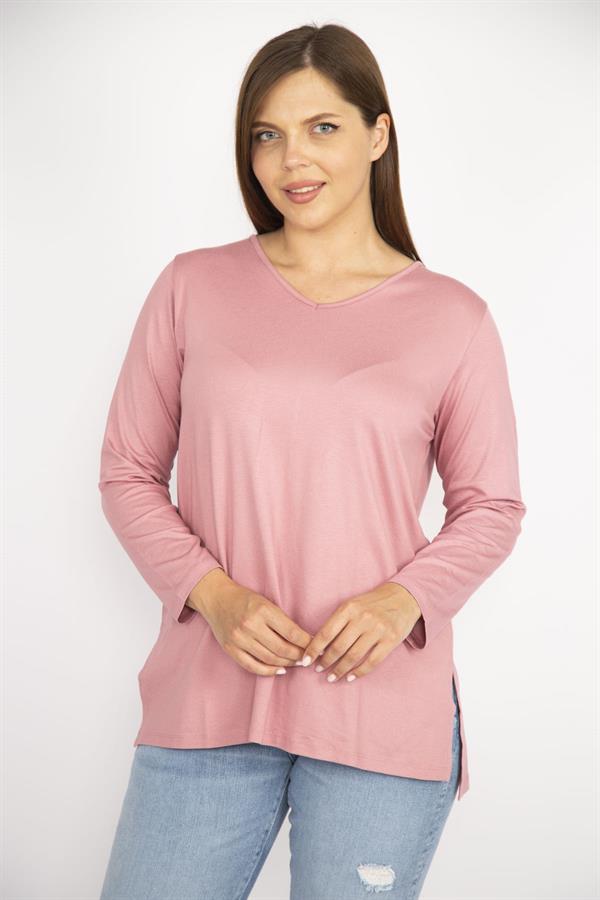 Kadın Somon Büyük Beden V Yakalı Yan Yırtmaçlı Uzun Kollu Bluz