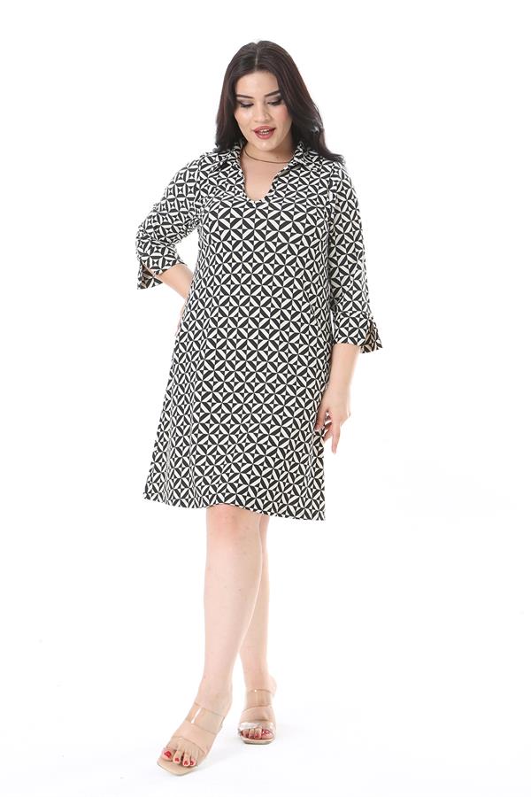 Kadın Büyük Beden Siyah V Yakalı Yan Cepli Likralı Viskon Elbise 65N38205