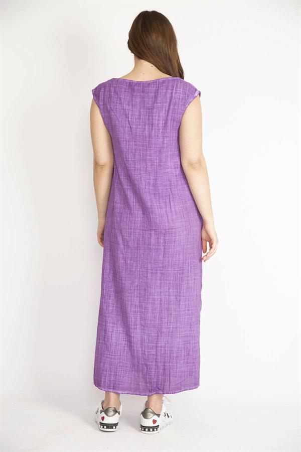 Kadın Eflatun Büyük Beden Dantel Detaylı V Yaka Yan Yırtmaçlı Keten Elbise