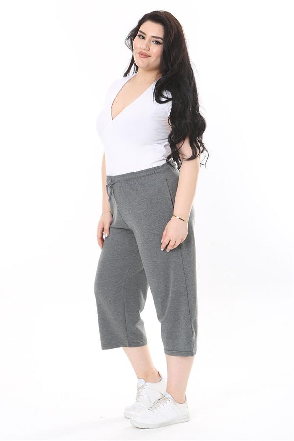 Kadın Büyük Beden Gri Beli Lastikli Eşofman Kapri 65N37977