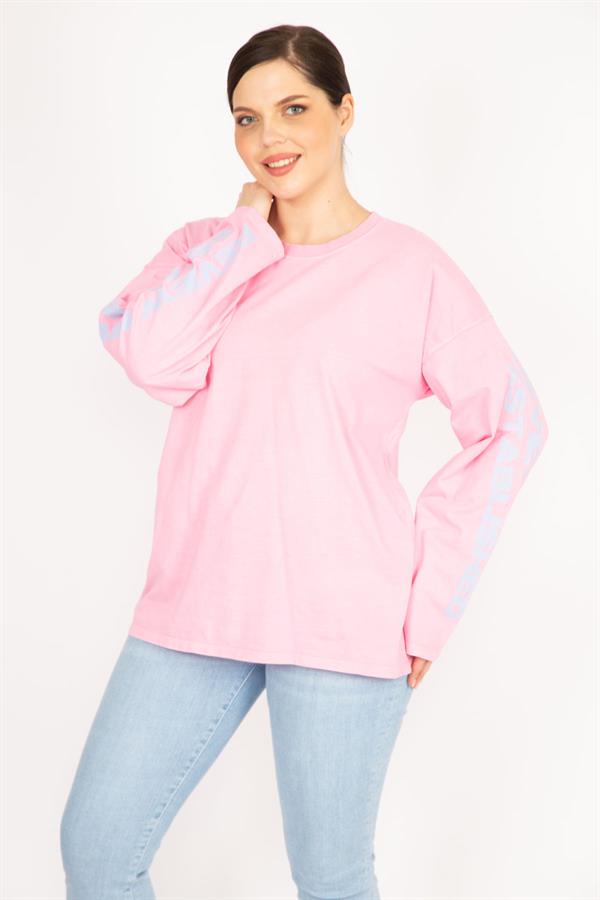 Kadın Bej Büyük Beden Kol Baskılı Sweatshirt