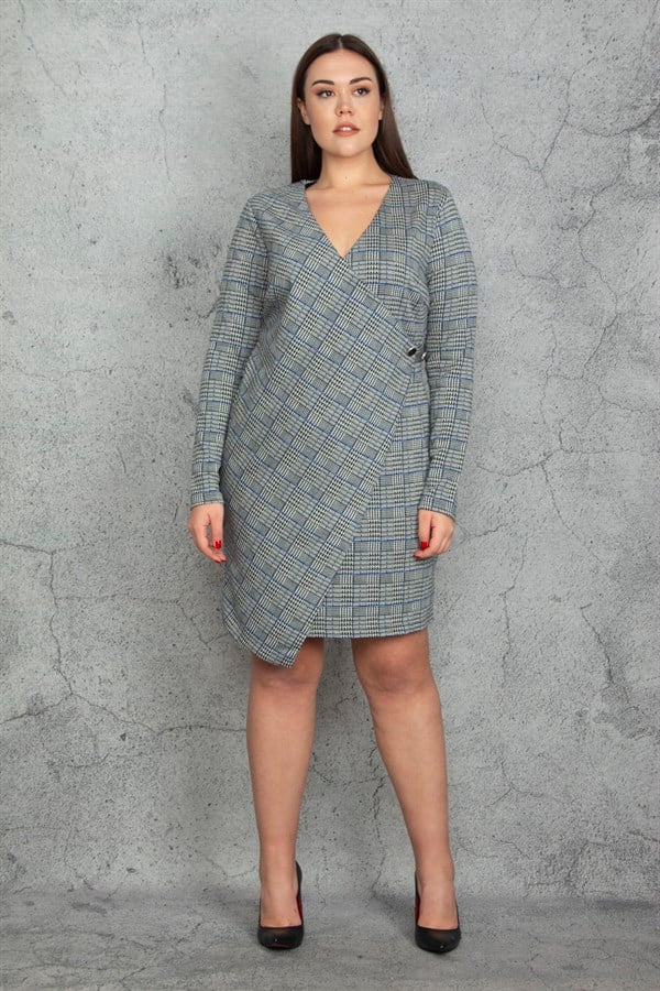 KADIN GRİ EKOSE DESENLİ BEL DETAYLI ANVELOP ASTARLI ELBİSE