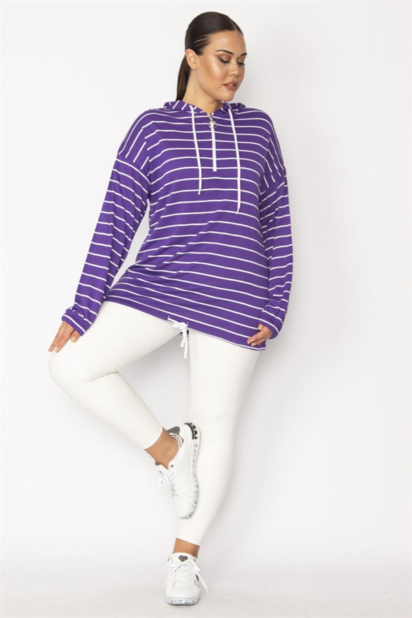 Kadın Mor Ön Pat Fermuarlı Kuşgözü Ve Bağcık Detaylı Kapşonlu Çizgili Tunik 65N28699