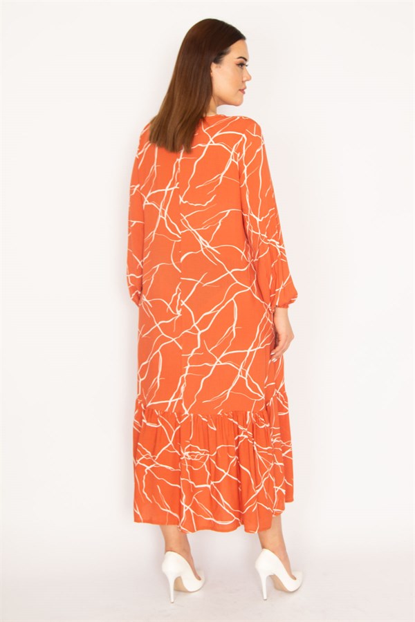 KADIN ORANJ DOKUMA VİSKON KUMAŞ UZUN KOLLU KATLI ELBİSE