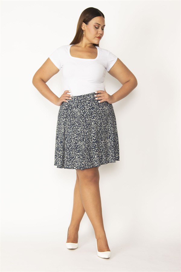 Kadın Lacivert Pamuklu Kumaş Beli Gizli Lastikli Tek Yan Pilikaşe Etek 65N27574