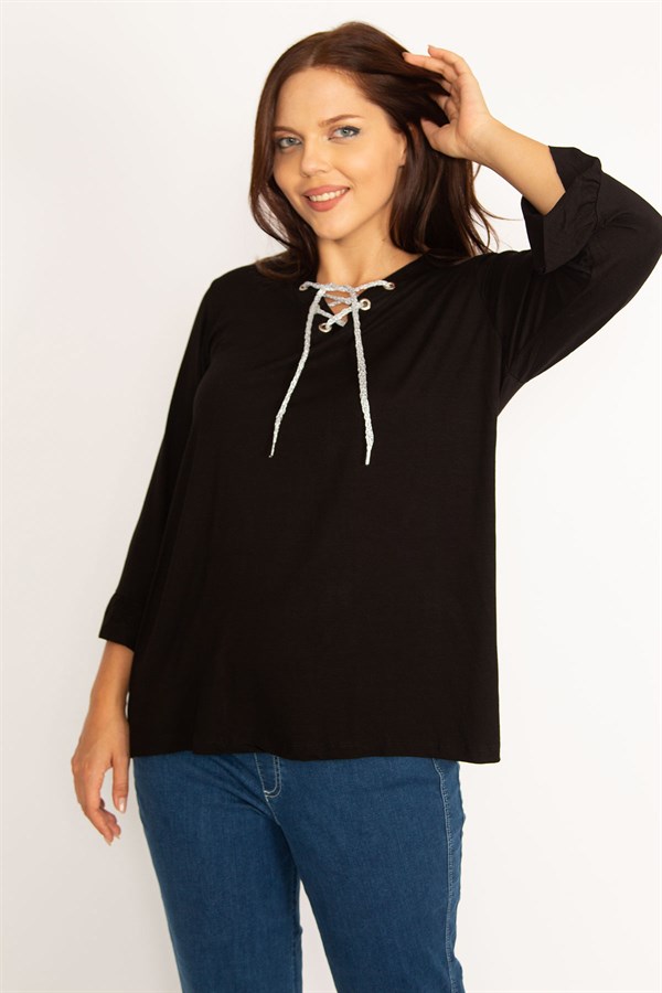 Kadın Bordo Yakası Kuşgözü Bağcık Detaylı Kol Ağzı Fırfır Büzgülü Bluz 65N34648