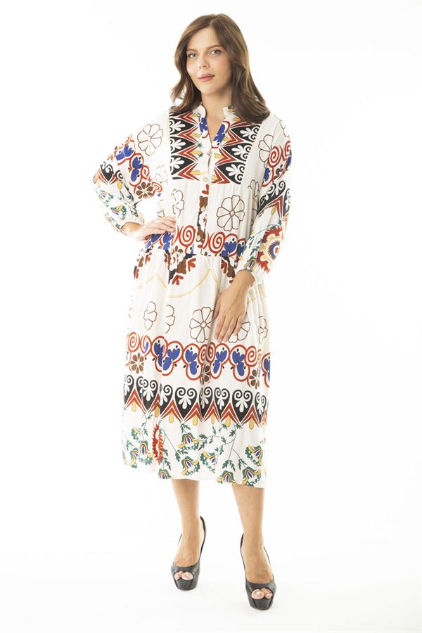 Kadın Büyük Beden Saks Dokuma Viskon Kumaş Ön Yarım Düğmeli Uzun Kollu Elbise 65N36886