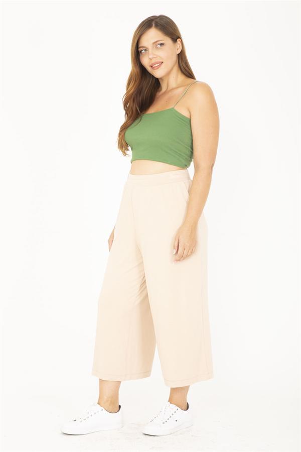 Kadın Büyük Beden Bej Geniş Paçalı Beli Lastikli Yan Cepli Viskon Pantolon 65N36807