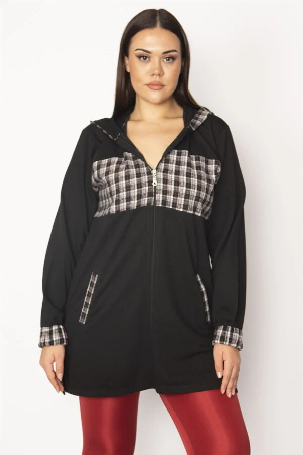 Kadın Bordo Ekose Desen Detaylı Kapşonlu Mont 65N29568