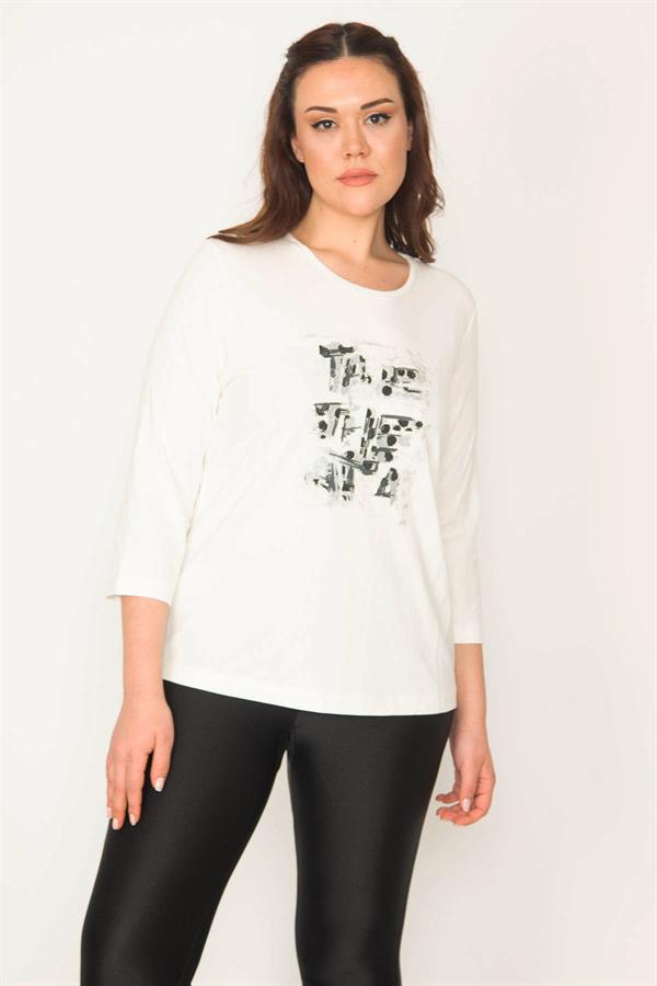 Kadın Kemik Büyük Beden Sim Baskılı Kapri Kol Likralı Bluz 65N35706