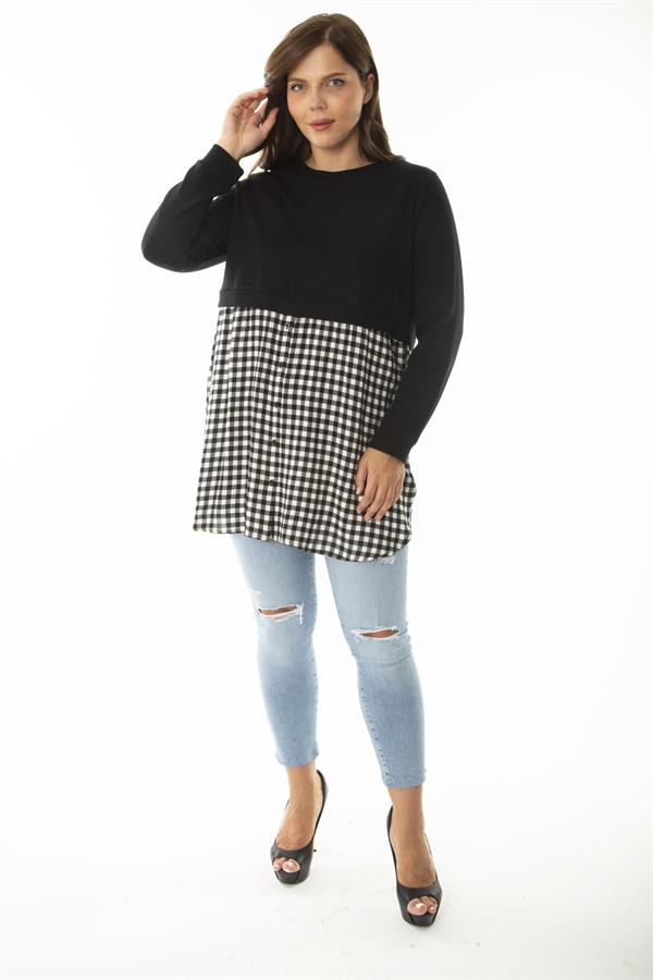 Kadın Büyük Beden Siyah Alt Kısmı Ekose Desen Ve Düğmeli Tunik 65N36961