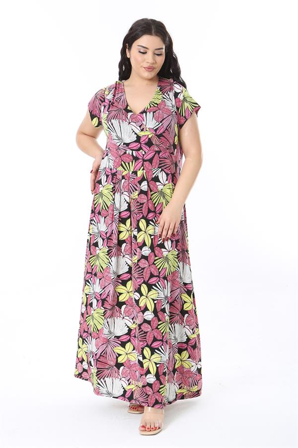 Kadın Büyük Beden Renkli Anvelop Yakalı Uzun Elbise 65N38584