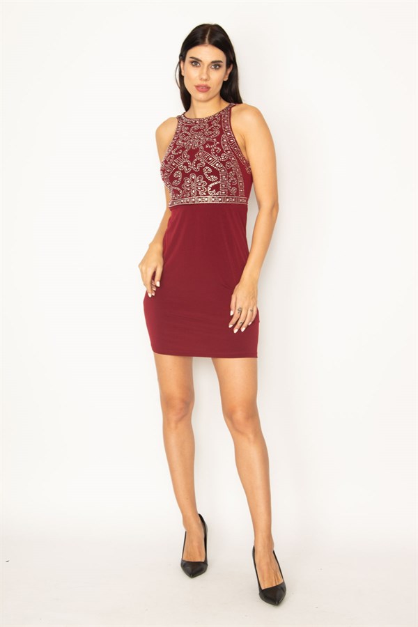 KADIN BORDO TAŞ DETAYLI HALTER YAKA ABİYE ELBİSE