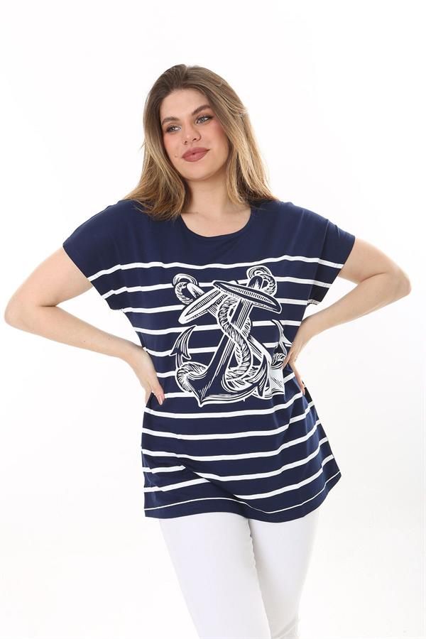 Kadın Büyük Beden Lacivert Bisiklet Yakalı Ön Desenli Kısa Kollu Bluz 65N37639