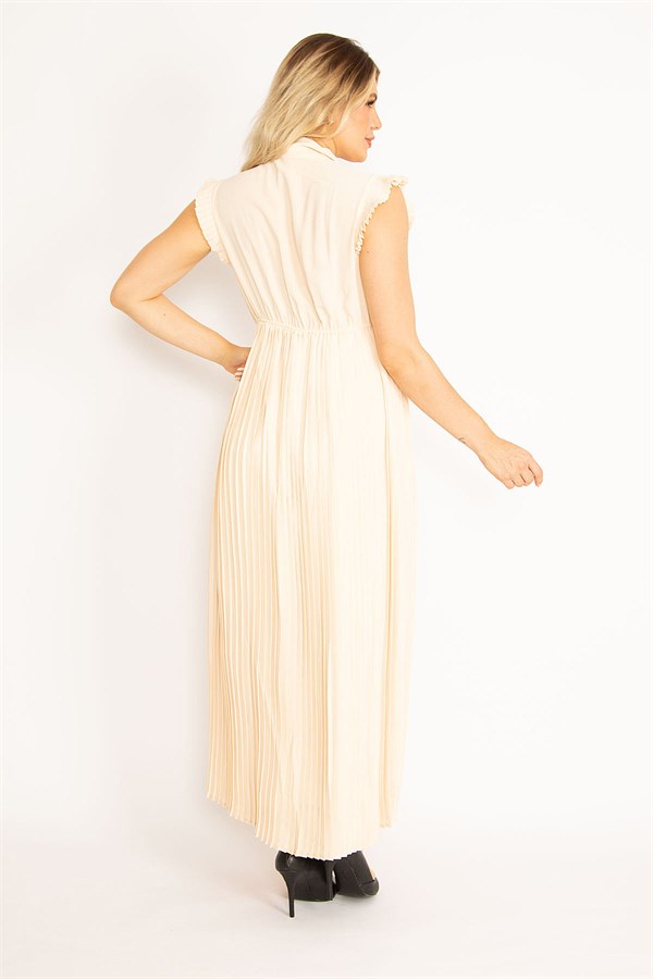 KADIN PUDRA  ETEĞİ VE KOL AĞZI PİLİSE DETAYLI ÖN DÜĞMELİ ELBİSE