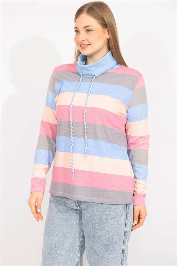 Kadın Renkli Büyük Beden Pamuklu Kumaş Yaka Detaylı Renkli Bluz 65N35558