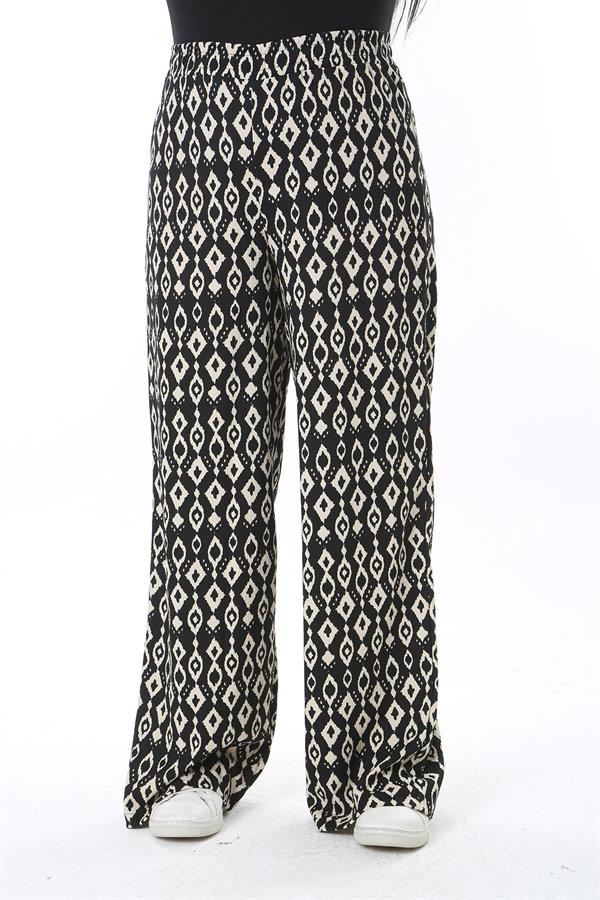 Kadın Büyük Beden Siyah Beli Lastikli Desenli Pantolon 65N38554