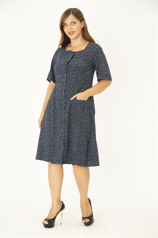 Kadın Büyük Beden Lacivert Dokuma Viskon Kumaş Ön Düğmeli Cepli Elbise 65N36785