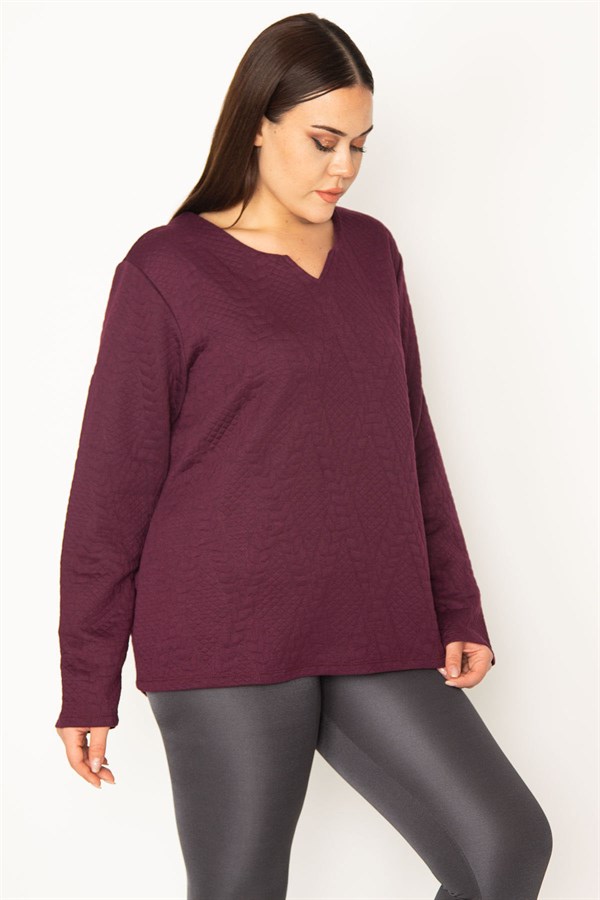 KADIN LACİVERT V YAKALI ARKA ŞERİT DETAYLI KENDİNDEN DESENLİ TUNİK