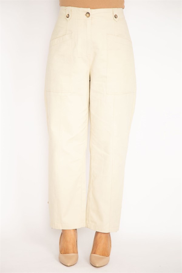 Kadın İndigo Ön Cepli Paçası Düğme İle Duble Paça Boy Ayarlı Gabardin Kumaş Pantolon 65N34888