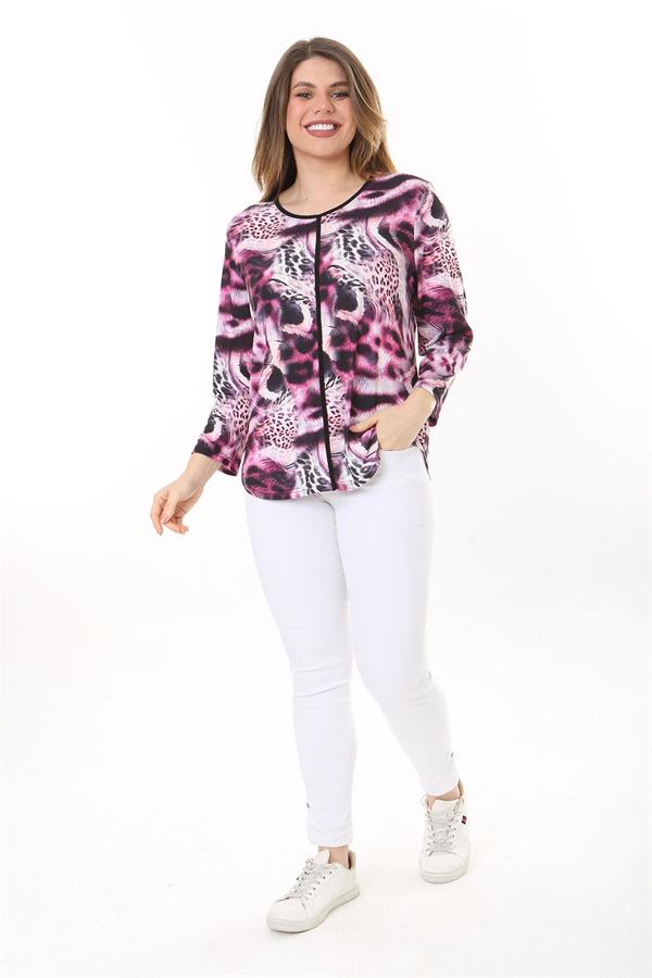 Kadın Büyük Beden Renkli Bisiklet Yakalı Uzun Kollu Bluz 65N37615