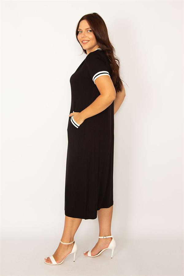 Kadın Lacivert Ribana Detaylı V Yakalı Cepli Elbise 65N34160