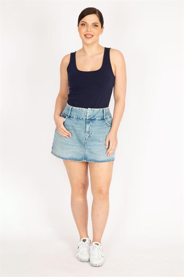 Kadın Mavi Büyük Beden Ön Fermuarlı Likralı Kot Etek