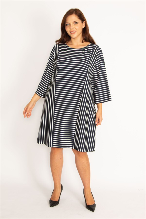 Kadın Lacivert Çizgi Kombinli Kuplu Elbise 65N34789