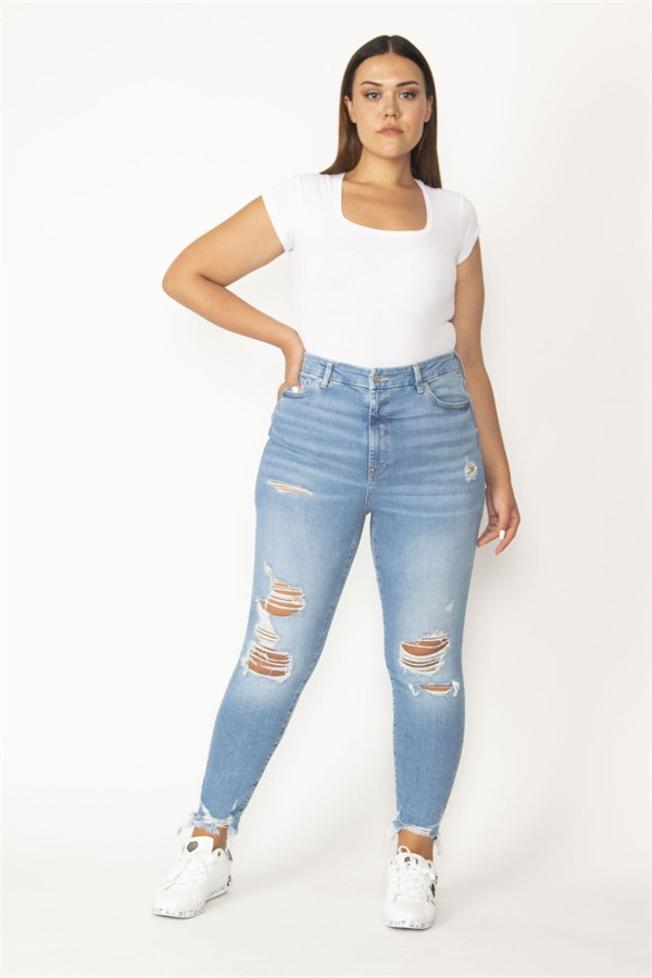 Kadın Mavi Yırtık Detaylı Yıkama Efektli 5 Cepli Skinny Kot Pantolon 65N28095