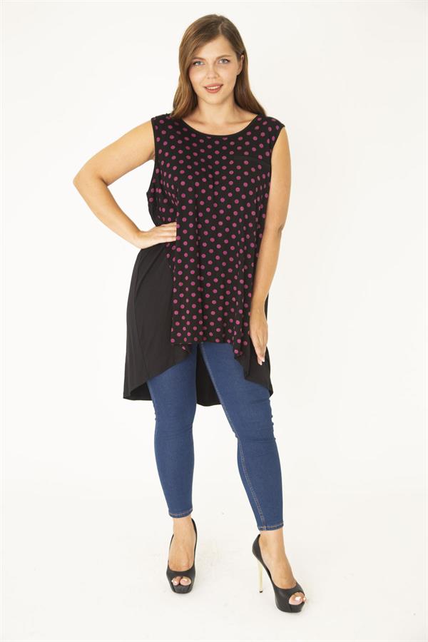 Kadın Büyük Beden Fujya Önü Puan Desenli Yan Kuplu Kolsuz Uzun Bluz 65N36945