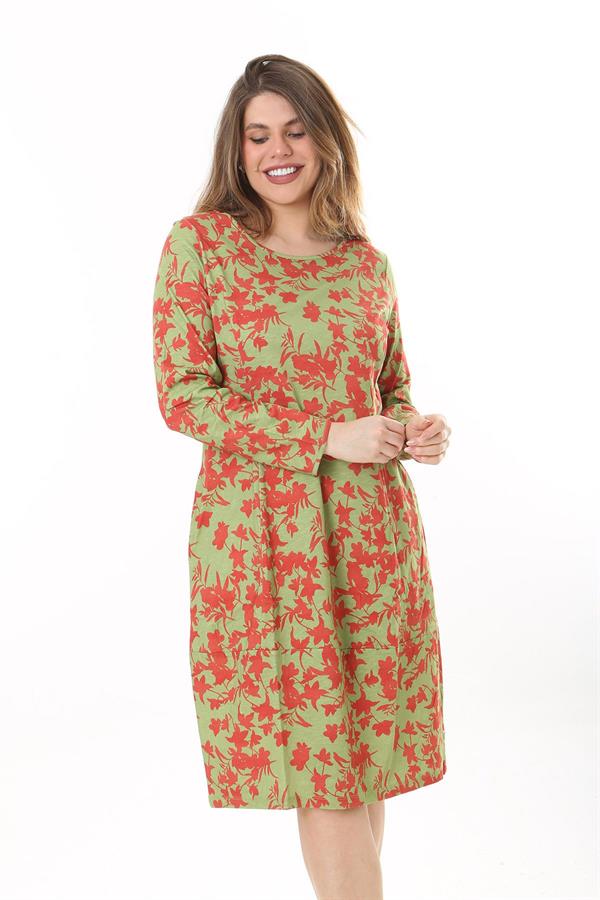 Kadın Büyük Beden Yeşil Organik Koton Kumaş Kup Detaylı Uzun Kollu Elbise 65N37626