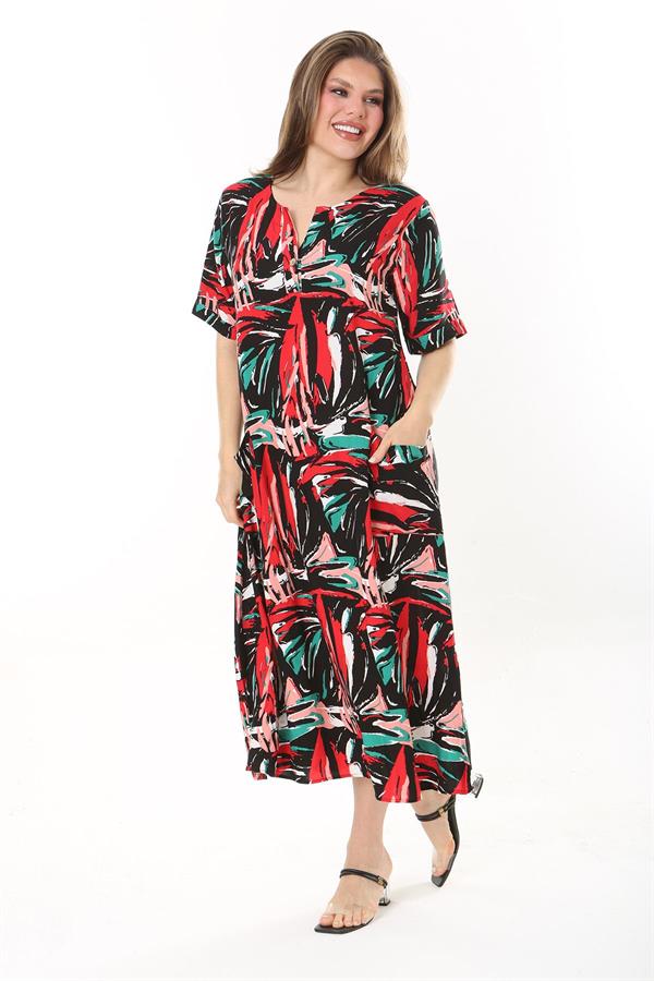 Kadın Büyük Beden Siyah Dokuma Viskon Kumaş Ön Pat Düğmeli Uzun Elbise 65N37861