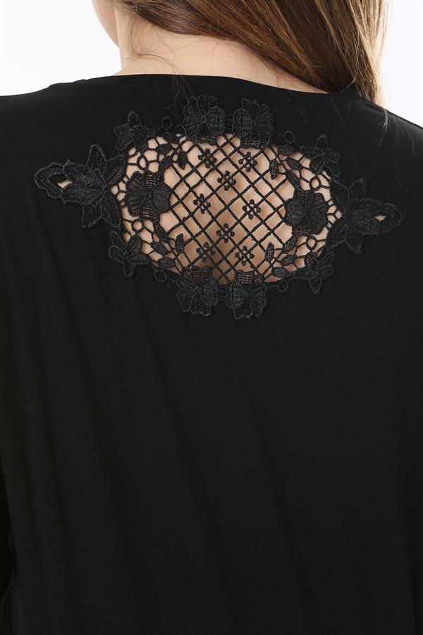 Kadın Büyük Beden Siyah Önü Taş Ve Sırtı Dantel Detaylı Uzun Kollu Bluz 65N37803